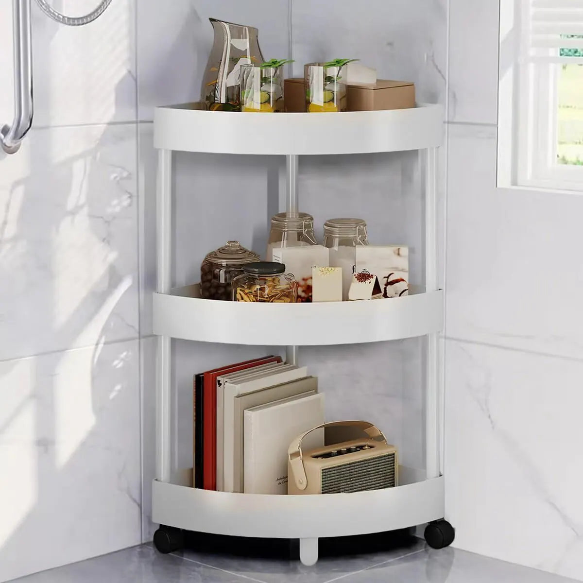 White Corner Storage Shelf – 3-Tier Rolling Organizer for Bathroom, Kitchen & Bedroom | Space-Saving Aluminum Rack with Wheels | Black Available In-Store