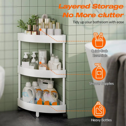 White Corner Storage Shelf – 3-Tier Rolling Organizer for Bathroom, Kitchen & Bedroom | Space-Saving Aluminum Rack with Wheels | Black Available In-Store - Image 2