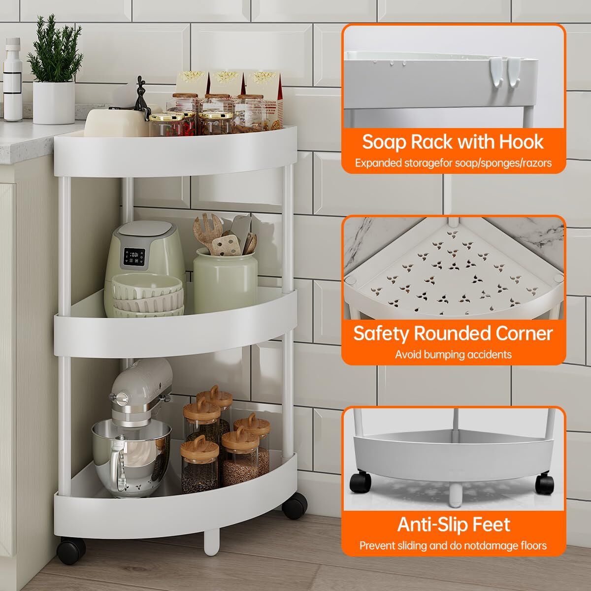 White Corner Storage Shelf – 3-Tier Rolling Organizer for Bathroom, Kitchen & Bedroom | Space-Saving Aluminum Rack with Wheels | Black Available In-Store - Image 3