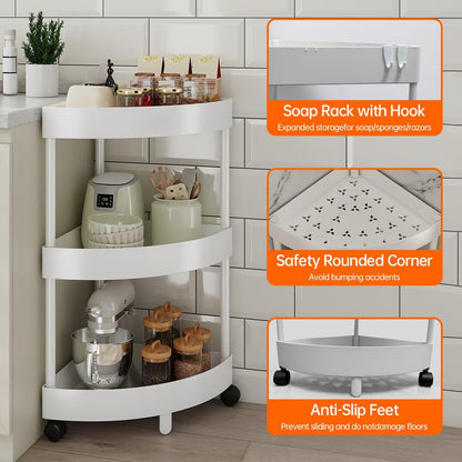 White Corner Storage Shelf – 3-Tier Rolling Organizer for Bathroom, Kitchen & Bedroom | Space-Saving Aluminum Rack with Wheels | Black Available In-Store - Image 3