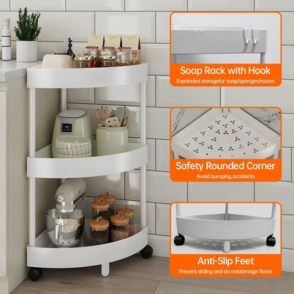 White Corner Storage Shelf – 3-Tier Rolling Organizer for Bathroom, Kitchen & Bedroom | Space-Saving Aluminum Rack with Wheels | Black Available In-Store - Image 3