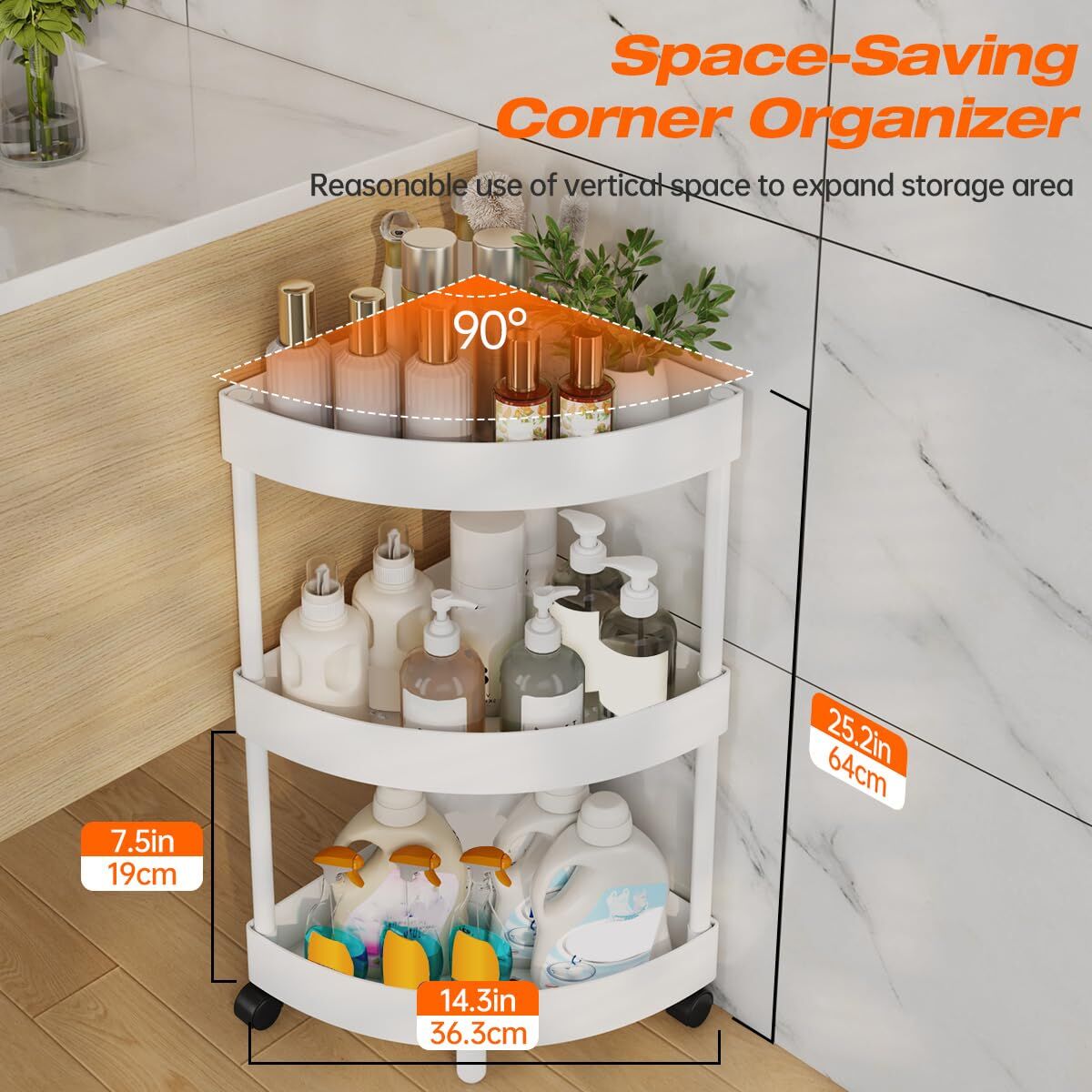 White Corner Storage Shelf – 3-Tier Rolling Organizer for Bathroom, Kitchen & Bedroom | Space-Saving Aluminum Rack with Wheels | Black Available In-Store - Image 4