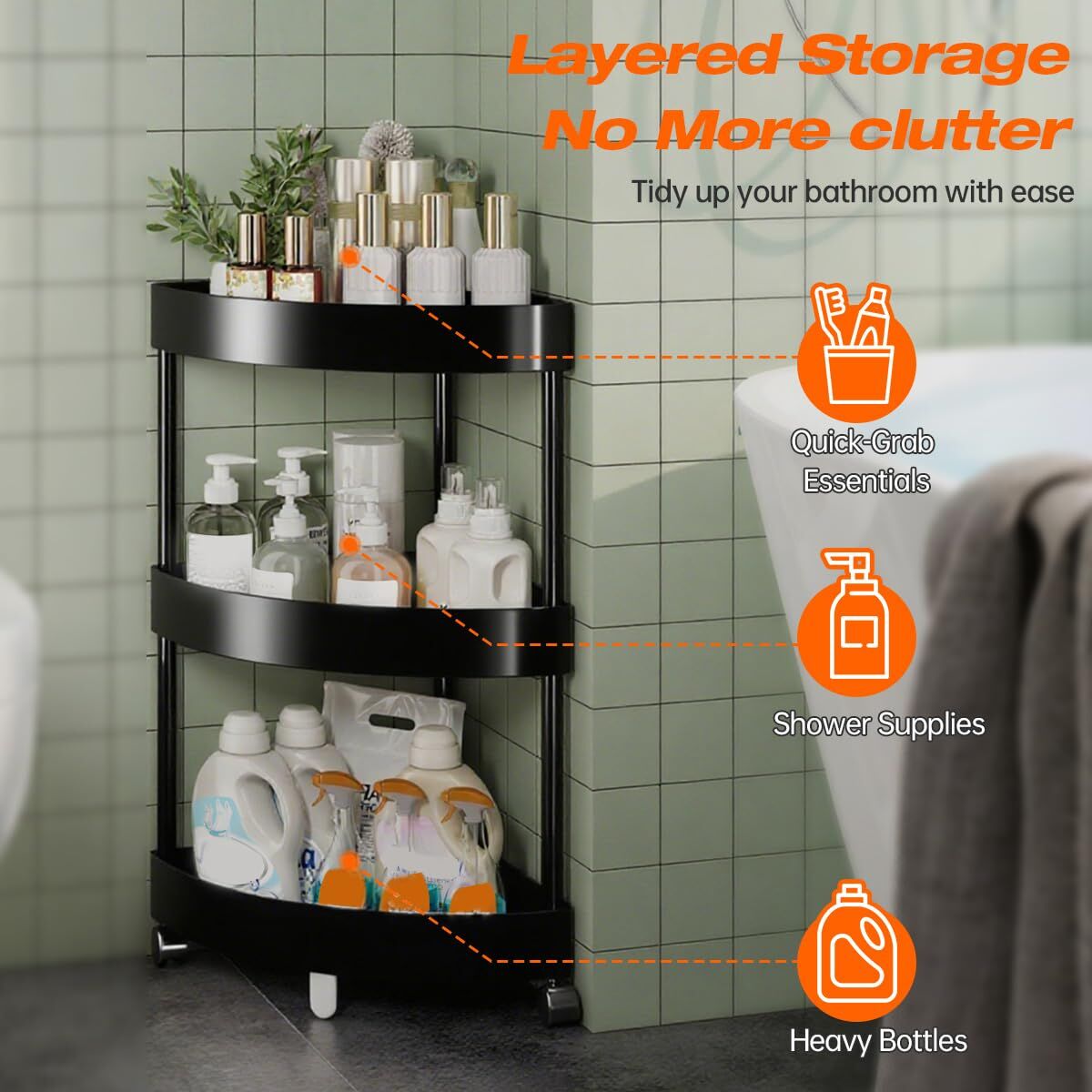 Black Corner Storage Shelf – 3-Tier Rolling Organizer for Bathroom, Kitchen & Bedroom | Space-Saving Aluminum Rack with Wheels | White Available In-Store - Image 2