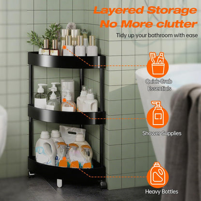 Black Corner Storage Shelf – 3-Tier Rolling Organizer for Bathroom, Kitchen & Bedroom | Space-Saving Aluminum Rack with Wheels | White Available In-Store - Image 2