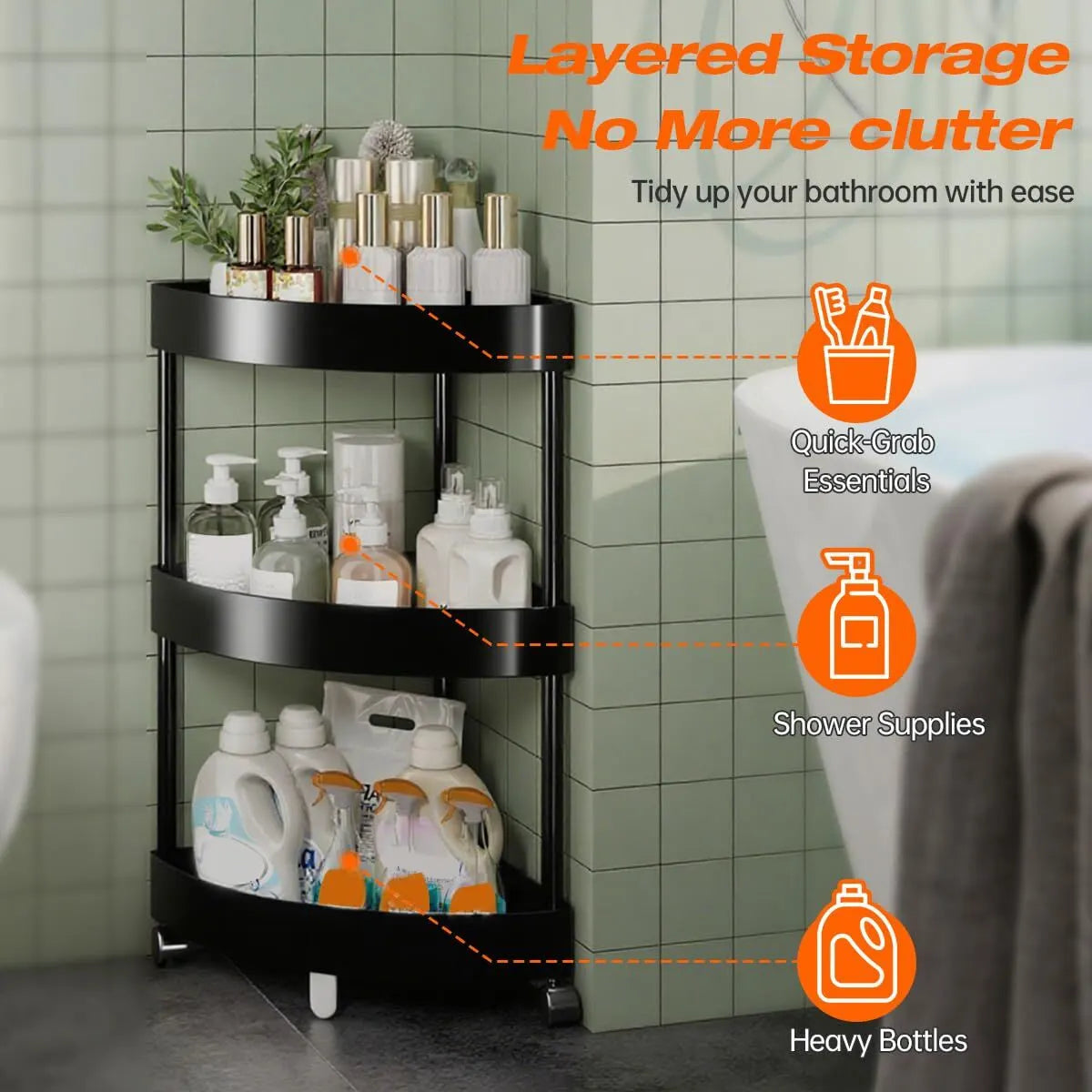 Black Corner Storage Shelf – 3-Tier Rolling Organizer for Bathroom, Kitchen & Bedroom | Space-Saving Aluminum Rack with Wheels | White Available In-Store - Image 2
