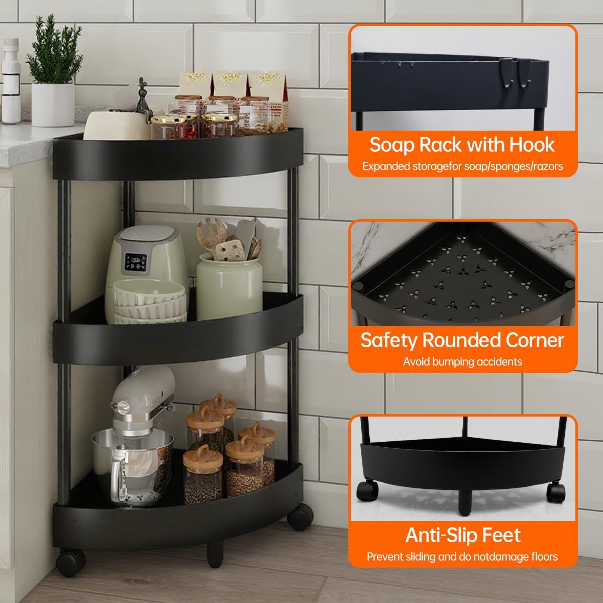 Black Corner Storage Shelf – 3-Tier Rolling Organizer for Bathroom, Kitchen & Bedroom | Space-Saving Aluminum Rack with Wheels | White Available In-Store - Image 3