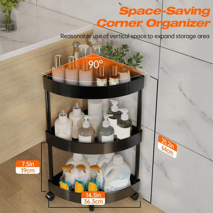 Black Corner Storage Shelf – 3-Tier Rolling Organizer for Bathroom, Kitchen & Bedroom | Space-Saving Aluminum Rack with Wheels | White Available In-Store - Image 4