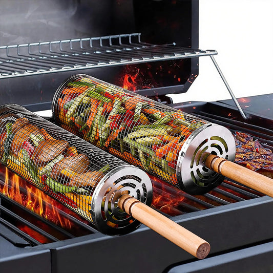 Rolling Grill Basket Set with Removable Wooden Handle – 304 Stainless Steel BBQ Rotating Cage for Meat, Vegetables & Seafood (Grey)