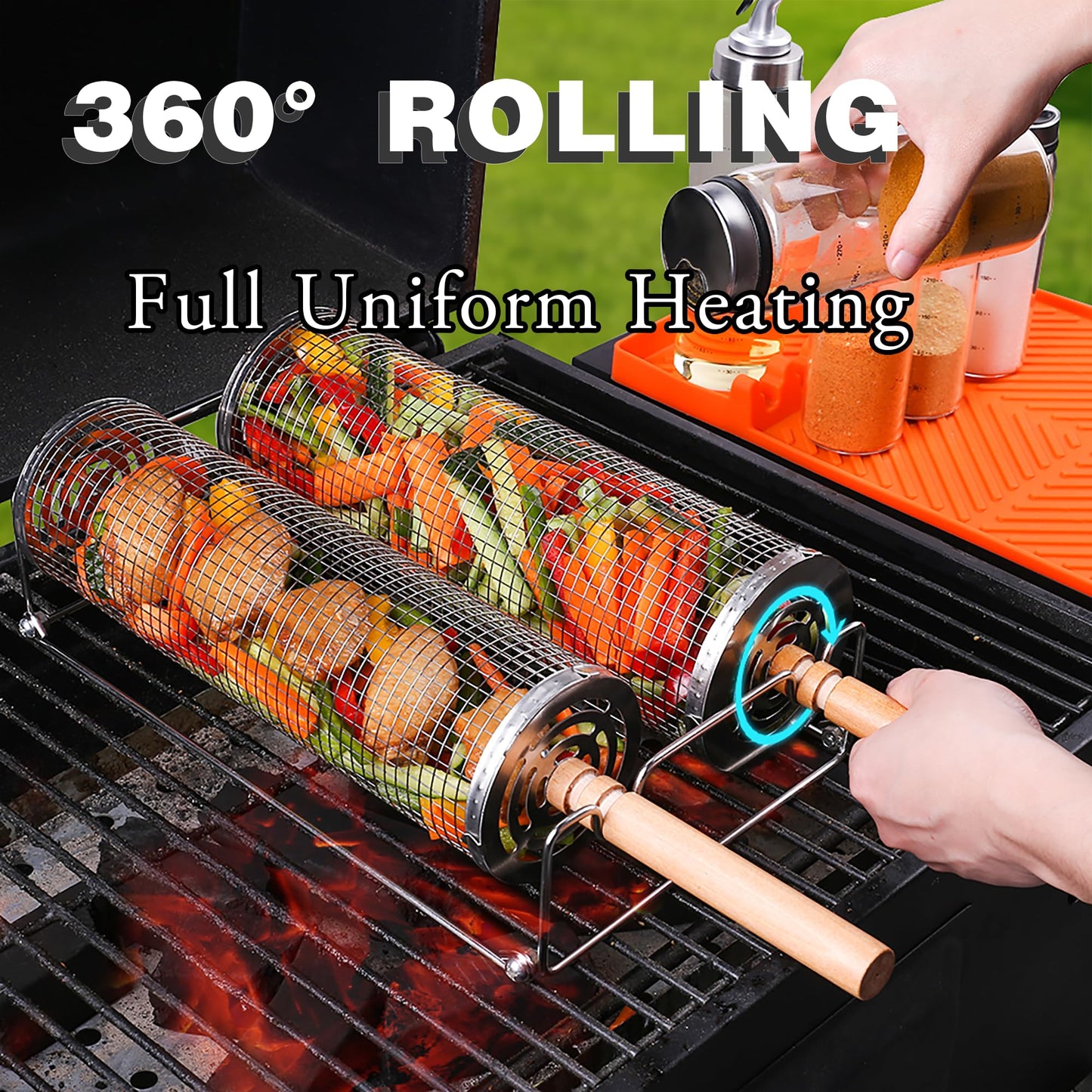 Rolling Grill Basket Set with Removable Wooden Handle – 304 Stainless Steel BBQ Rotating Cage for Meat, Vegetables & Seafood (Grey) - Image 3