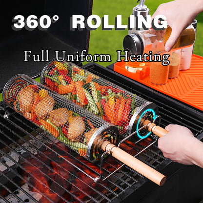 Rolling Grill Basket Set with Removable Wooden Handle – 304 Stainless Steel BBQ Rotating Cage for Meat, Vegetables & Seafood (Grey) - Image 3