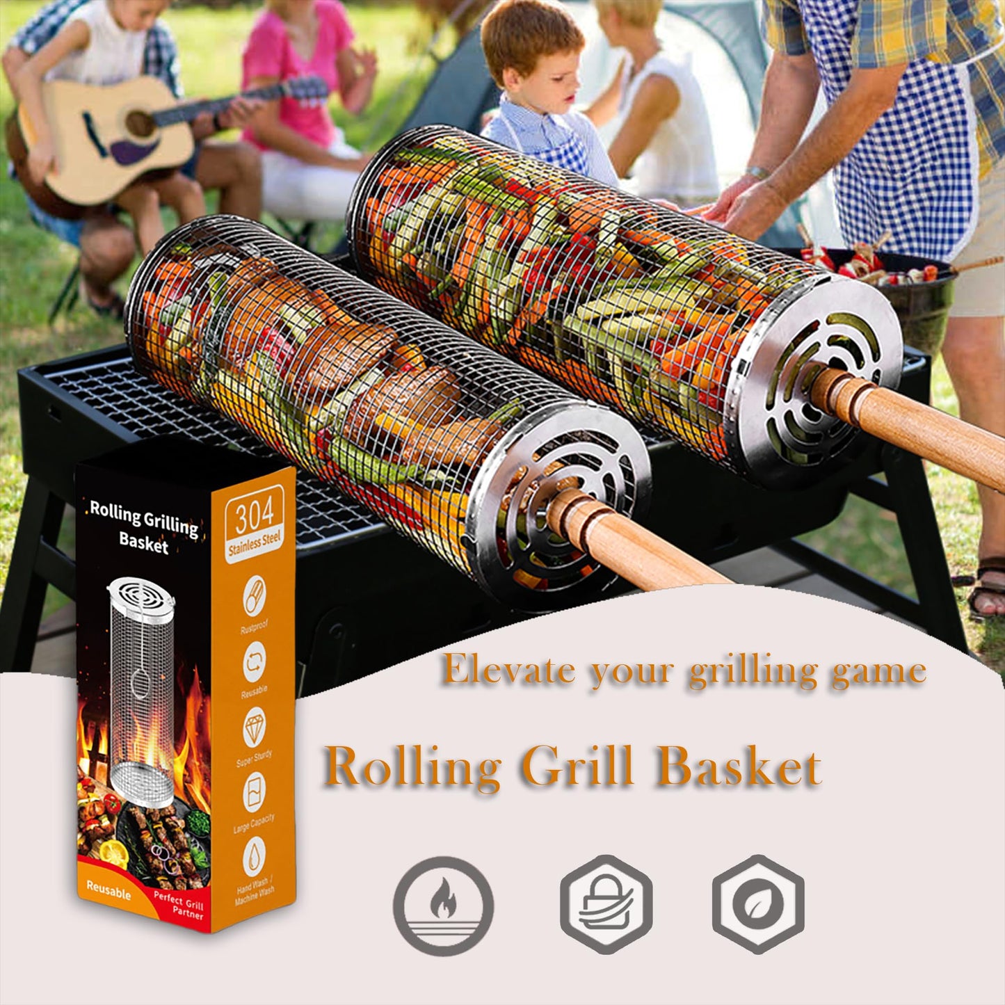 Rolling Grill Basket Set with Removable Wooden Handle – 304 Stainless Steel BBQ Rotating Cage for Meat, Vegetables & Seafood (Grey) - Image 4
