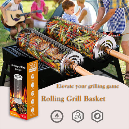Rolling Grill Basket Set with Removable Wooden Handle – 304 Stainless Steel BBQ Rotating Cage for Meat, Vegetables & Seafood (Grey) - Image 4