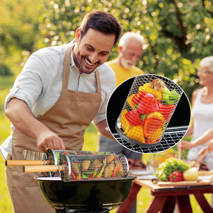 Rolling Grill Basket Set with Removable Wooden Handle – 304 Stainless Steel BBQ Rotating Cage for Meat, Vegetables & Seafood (Grey) - Image 7