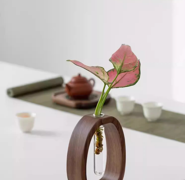 Wooden Glass Hydroponic Vase – Minimalist Desktop Flower Vase for Water Plants & Blooms (9.5cm) | Other Sizes Available in Store - Image 3