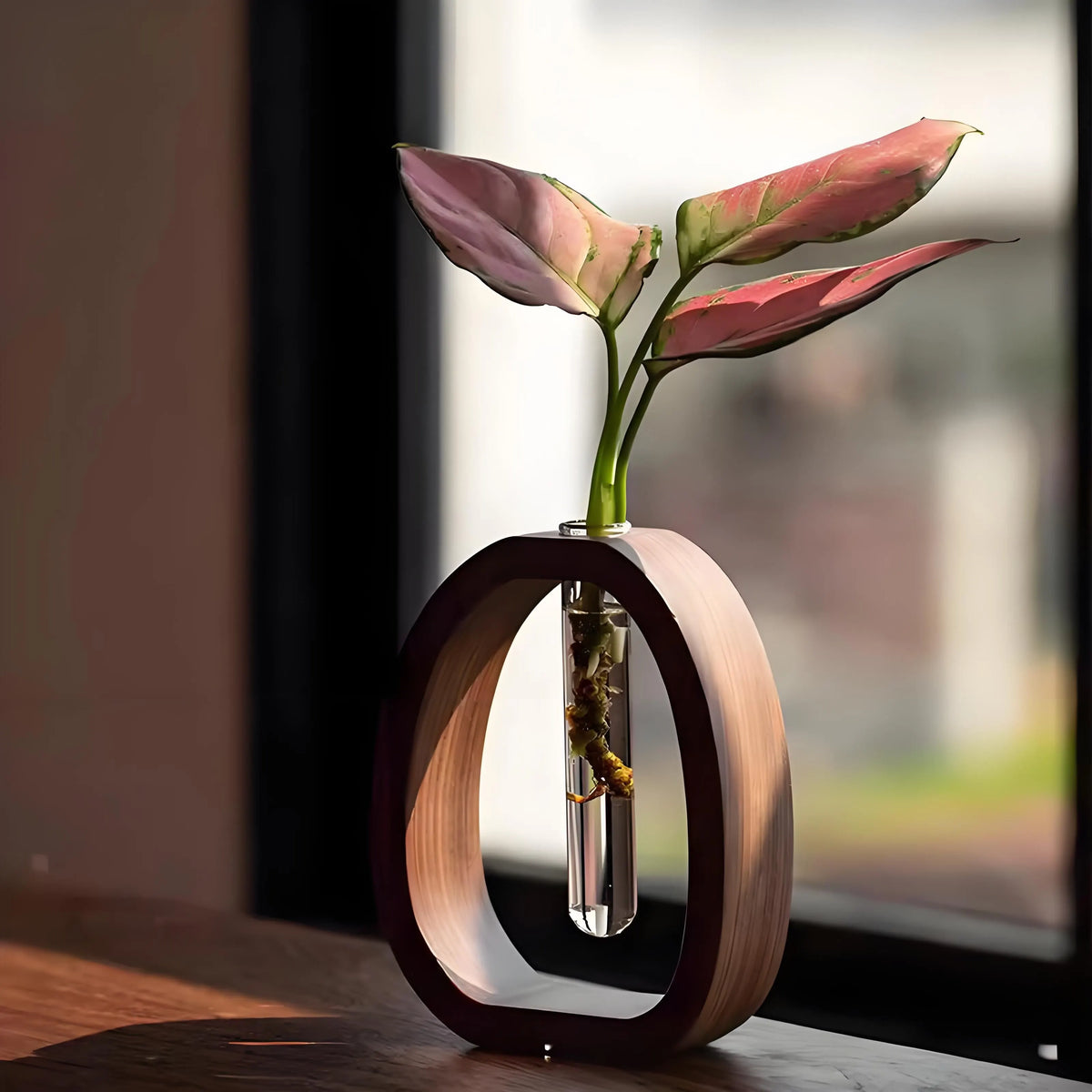 Wooden Glass Hydroponic Vase – Minimalist Desktop Flower Vase for Water Plants & Blooms (15cm) | Other Sizes Available in Store