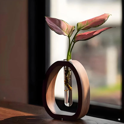 Wooden Glass Hydroponic Vase – Minimalist Desktop Flower Vase for Water Plants & Blooms (15cm) | Other Sizes Available in Store