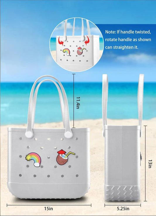 EVA Beach Tote Bag for Swimming, Pool & Travel – Waterproof Washable Rubber Handbag with 2 Random Charms, Lightweight & Sand-Resistant (White)  | Other Colors Available in Store - Image 2