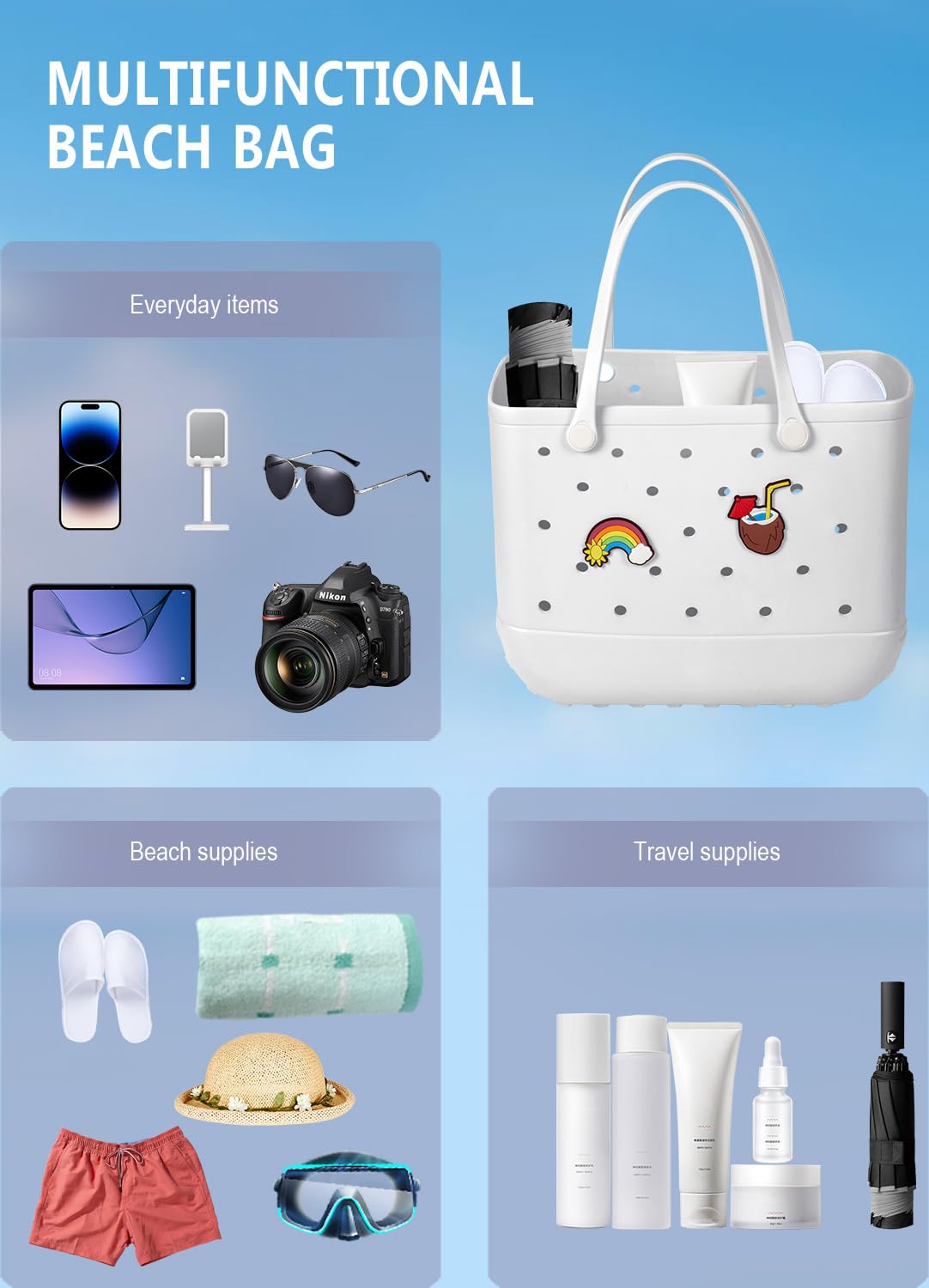 EVA Beach Tote Bag for Swimming, Pool & Travel – Waterproof Washable Rubber Handbag with 2 Random Charms, Lightweight & Sand-Resistant (White)  | Other Colors Available in Store - Image 3