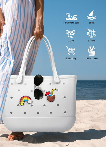 EVA Beach Tote Bag for Swimming, Pool & Travel – Waterproof Washable Rubber Handbag with 2 Random Charms, Lightweight & Sand-Resistant (White)  | Other Colors Available in Store - Image 4
