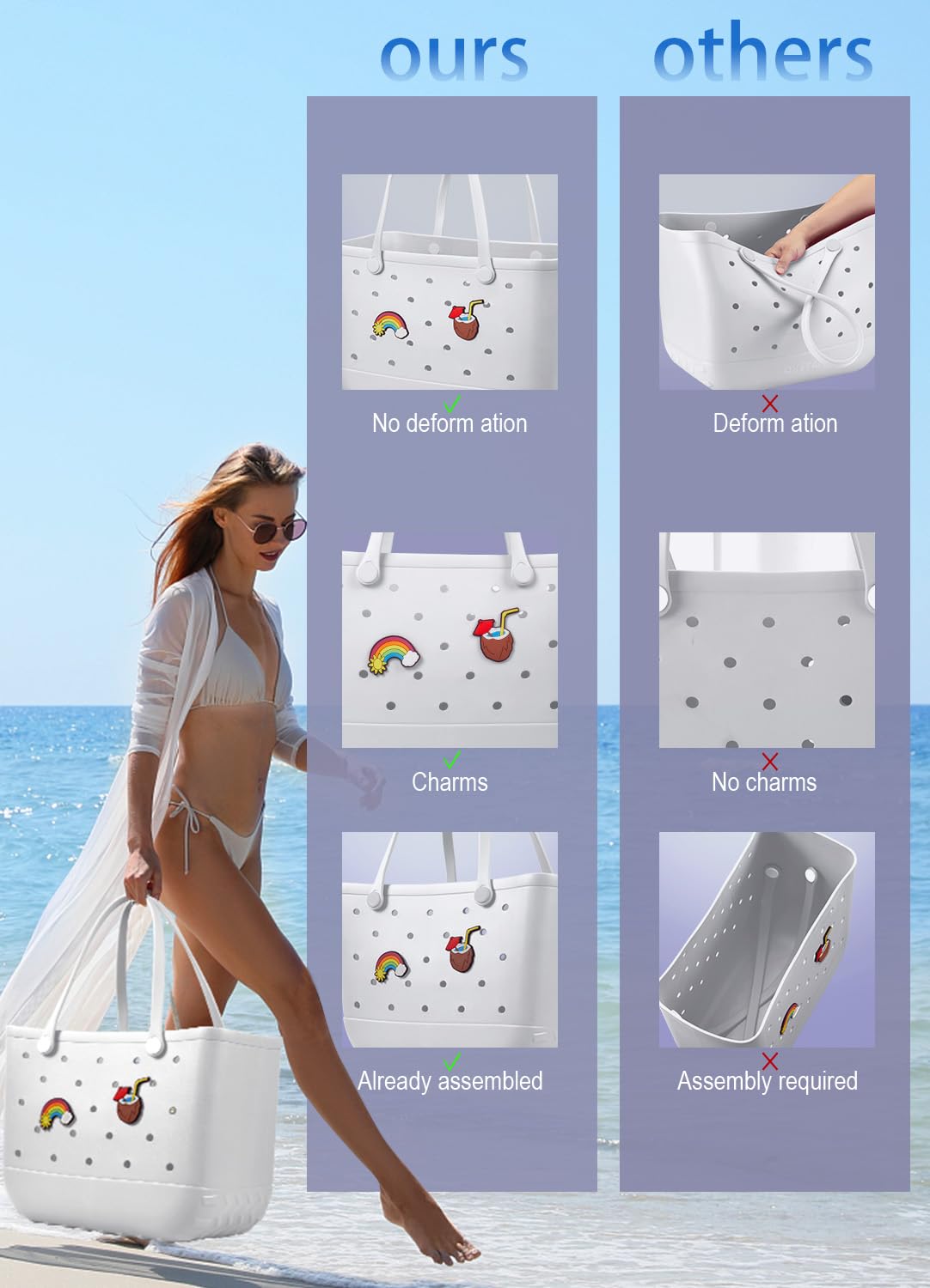 EVA Beach Tote Bag for Swimming, Pool & Travel – Waterproof Washable Rubber Handbag with 2 Random Charms, Lightweight & Sand-Resistant (White)  | Other Colors Available in Store - Image 5