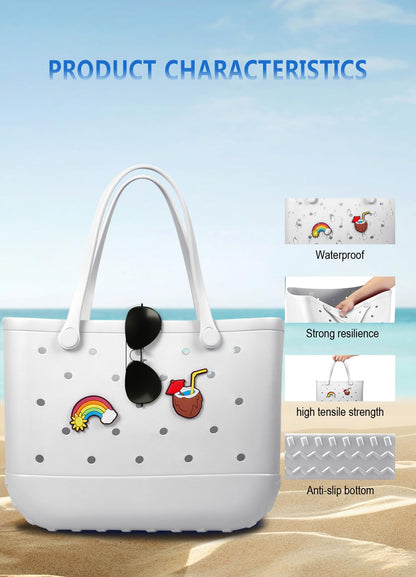 EVA Beach Tote Bag for Swimming, Pool & Travel – Waterproof Washable Rubber Handbag with 2 Random Charms, Lightweight & Sand-Resistant (White)  | Other Colors Available in Store - Image 6