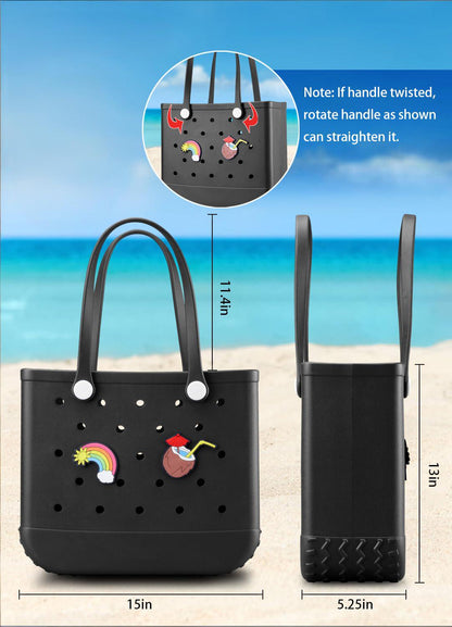 EVA Beach Tote Bag for Swimming, Pool & Travel – Waterproof Washable Rubber Handbag with 2 Random Charms, Lightweight & Sand-Resistant (Black) | Other Colors Available in Store - Image 2