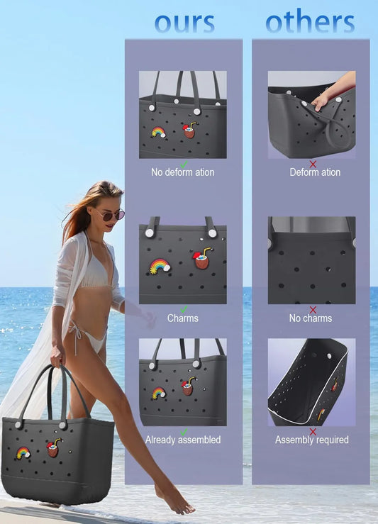 EVA Beach Tote Bag for Swimming, Pool & Travel – Waterproof Washable Rubber Handbag with 2 Random Charms, Lightweight & Sand-Resistant (Black) | Other Colors Available in Store - Image 3
