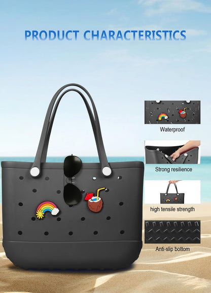 EVA Beach Tote Bag for Swimming, Pool & Travel – Waterproof Washable Rubber Handbag with 2 Random Charms, Lightweight & Sand-Resistant (Black) | Other Colors Available in Store - Image 5
