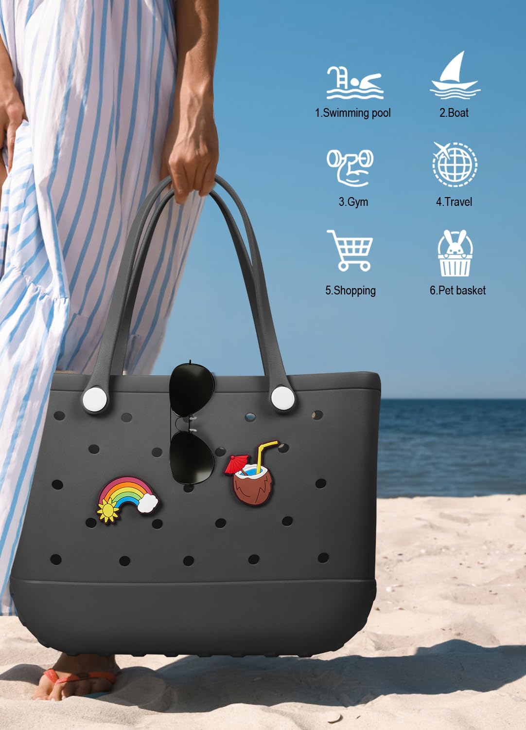 EVA Beach Tote Bag for Swimming, Pool & Travel – Waterproof Washable Rubber Handbag with 2 Random Charms, Lightweight & Sand-Resistant (Black) | Other Colors Available in Store - Image 6