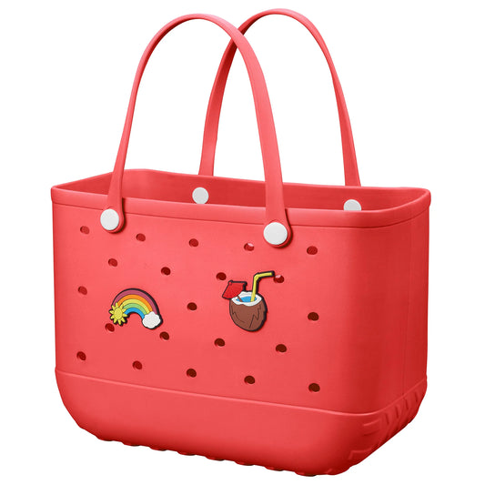 EVA Beach Tote Bag for Swimming, Pool & Travel – Waterproof Washable Rubber Handbag with 2 Random Charms, Lightweight & Sand-Resistant (Red)  | Other Colors Available in Store