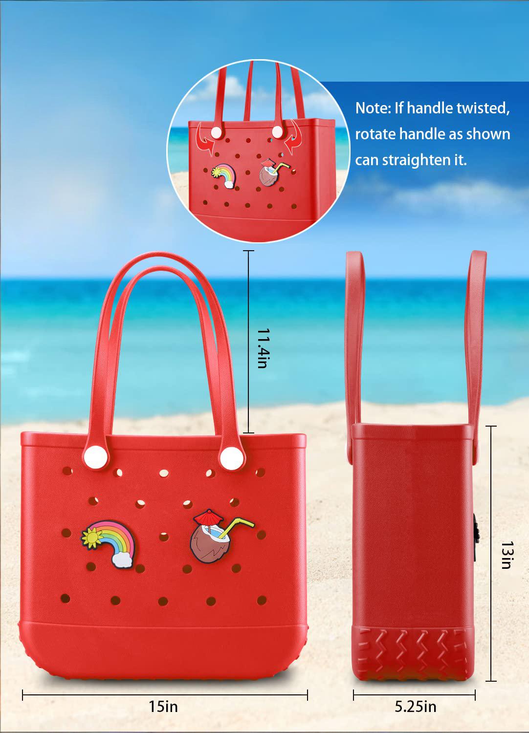 EVA Beach Tote Bag for Swimming, Pool & Travel – Waterproof Washable Rubber Handbag with 2 Random Charms, Lightweight & Sand-Resistant (Red)  | Other Colors Available in Store  - Image 2