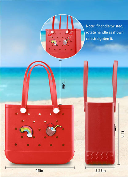 EVA Beach Tote Bag for Swimming, Pool & Travel – Waterproof Washable Rubber Handbag with 2 Random Charms, Lightweight & Sand-Resistant (Red)  | Other Colors Available in Store  - Image 2