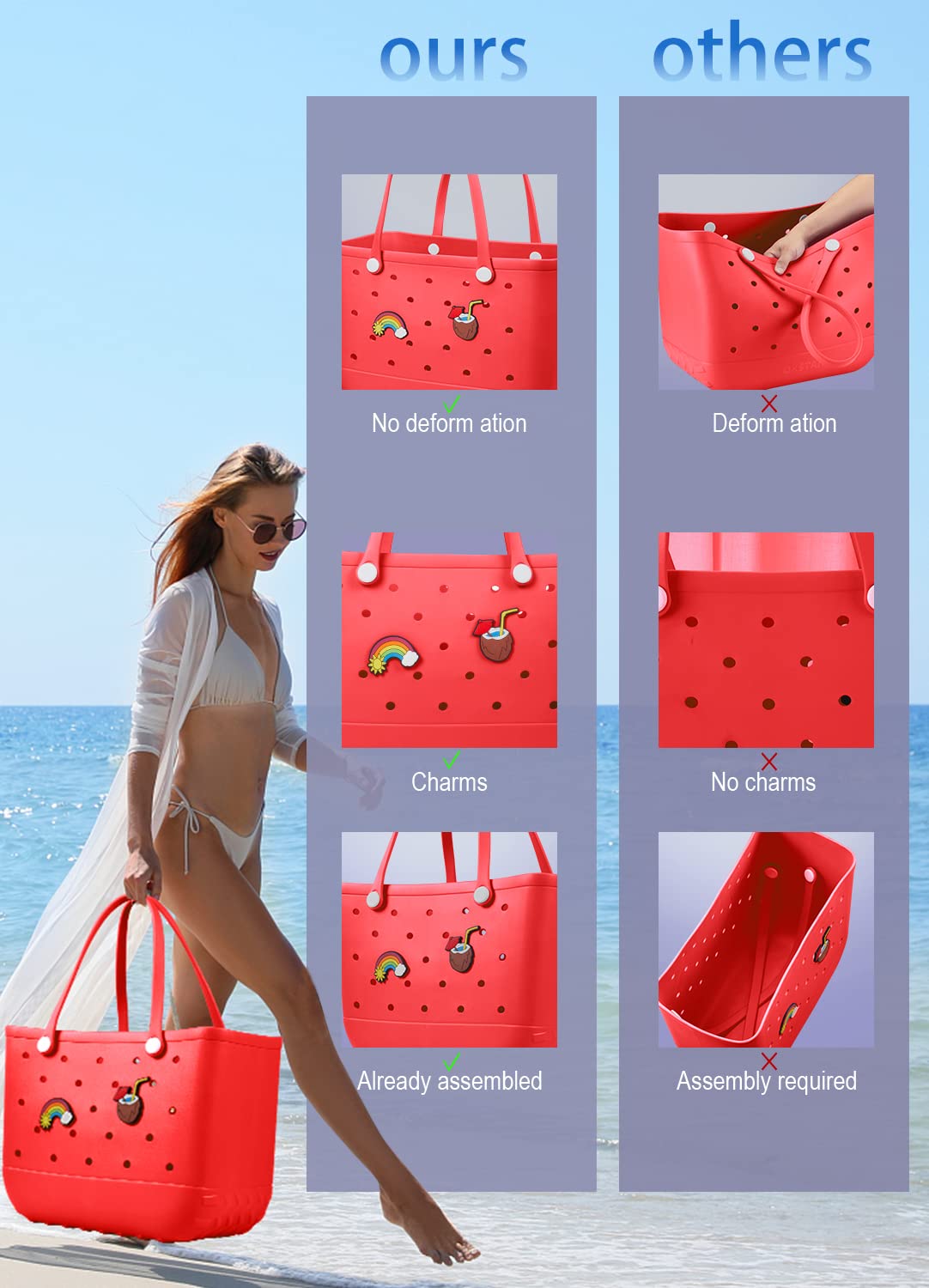 EVA Beach Tote Bag for Swimming, Pool & Travel – Waterproof Washable Rubber Handbag with 2 Random Charms, Lightweight & Sand-Resistant (Red)  | Other Colors Available in Store  - Image 3