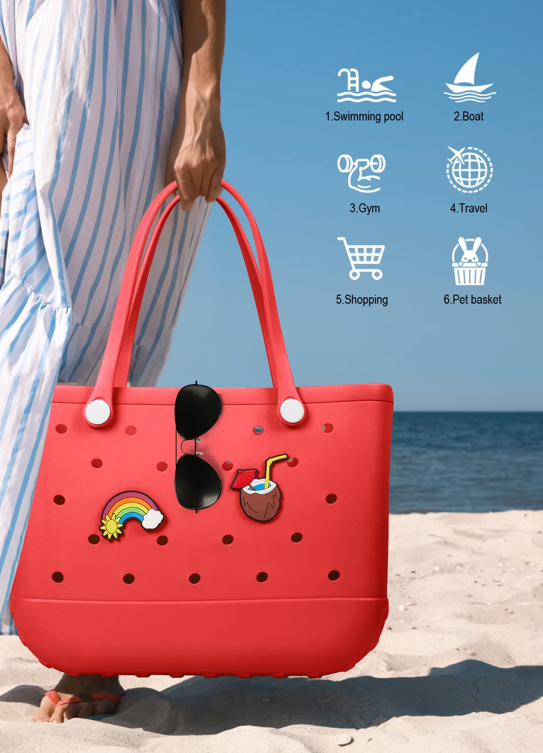 EVA Beach Tote Bag for Swimming, Pool & Travel – Waterproof Washable Rubber Handbag with 2 Random Charms, Lightweight & Sand-Resistant (Red)  | Other Colors Available in Store  - Image 4