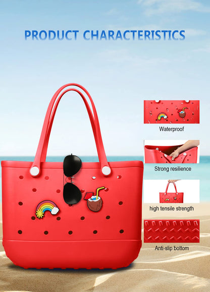 EVA Beach Tote Bag for Swimming, Pool & Travel – Waterproof Washable Rubber Handbag with 2 Random Charms, Lightweight & Sand-Resistant (Red)  | Other Colors Available in Store  - Image 5