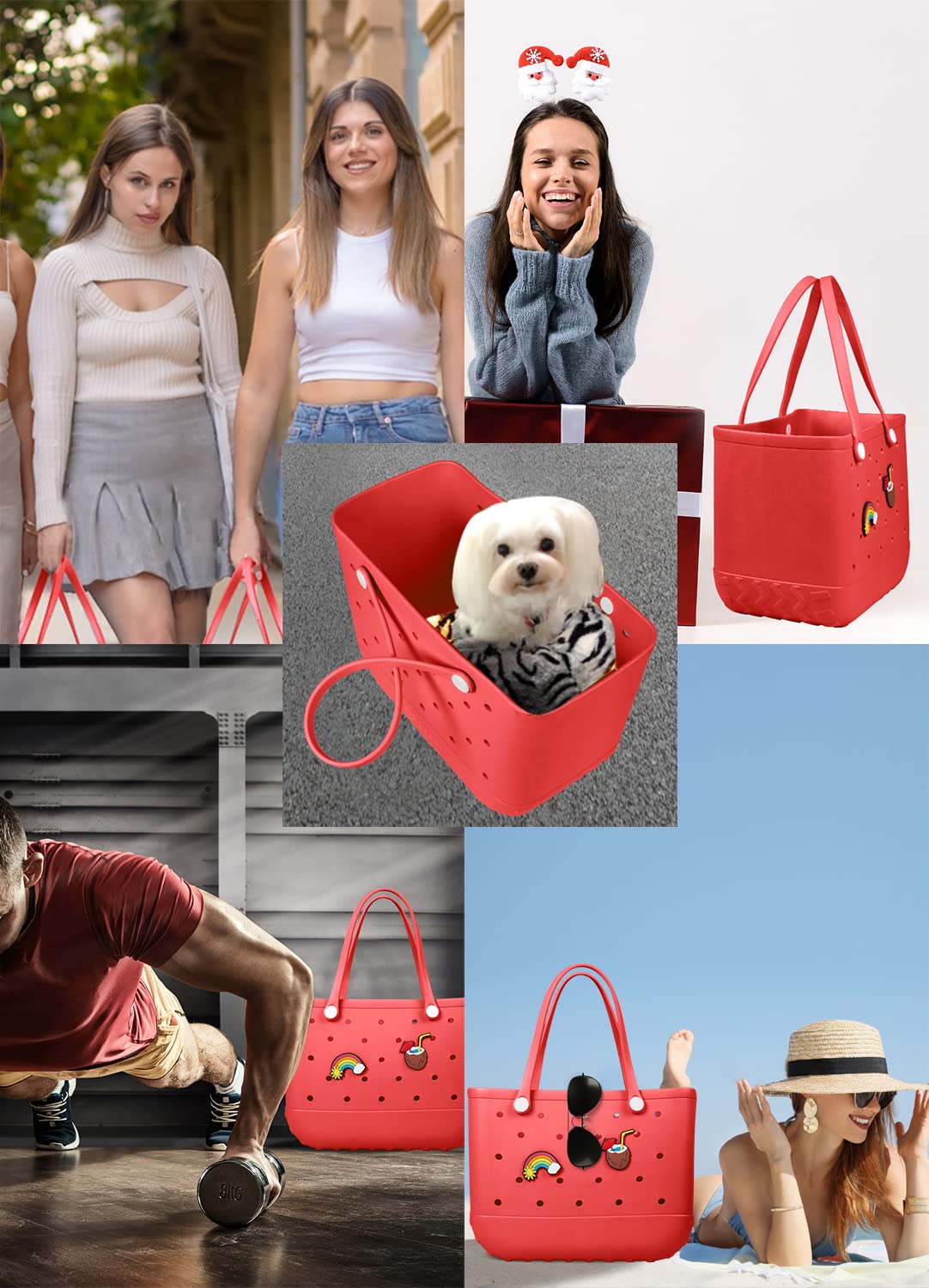 EVA Beach Tote Bag for Swimming, Pool & Travel – Waterproof Washable Rubber Handbag with 2 Random Charms, Lightweight & Sand-Resistant (Red)  | Other Colors Available in Store  - Image 6