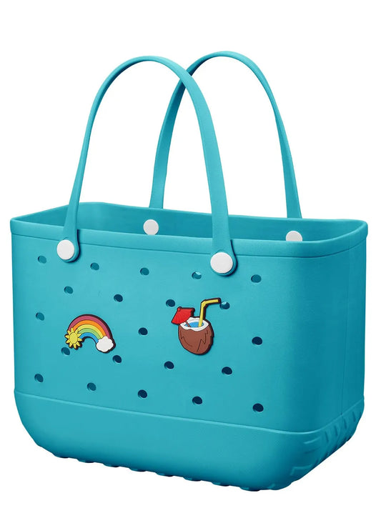 EVA Beach Tote Bag for Swimming, Pool & Travel – Waterproof Washable Rubber Handbag with 2 Random Charms, Lightweight & Sand-Resistant (Blue) | Other Colors Available in Store