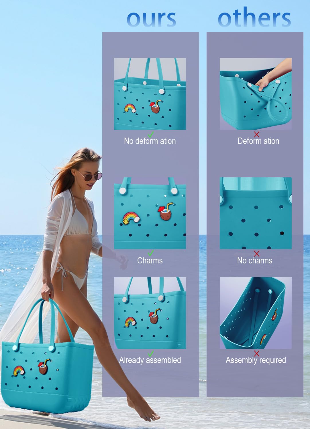 EVA Beach Tote Bag for Swimming, Pool & Travel – Waterproof Washable Rubber Handbag with 2 Random Charms, Lightweight & Sand-Resistant (Blue) | Other Colors Available in Store - Image 3