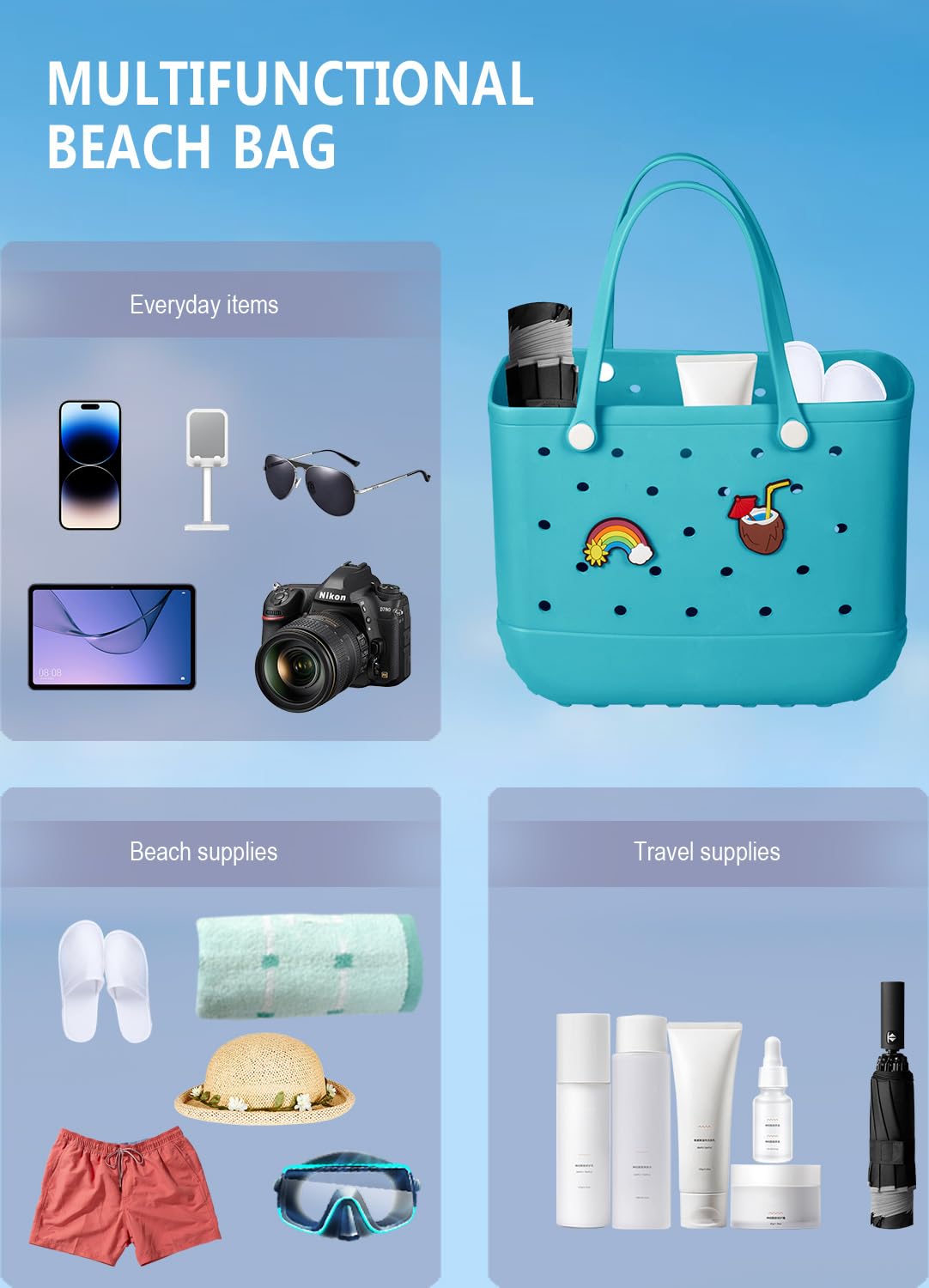 EVA Beach Tote Bag for Swimming, Pool & Travel – Waterproof Washable Rubber Handbag with 2 Random Charms, Lightweight & Sand-Resistant (Blue) | Other Colors Available in Store - Image 4