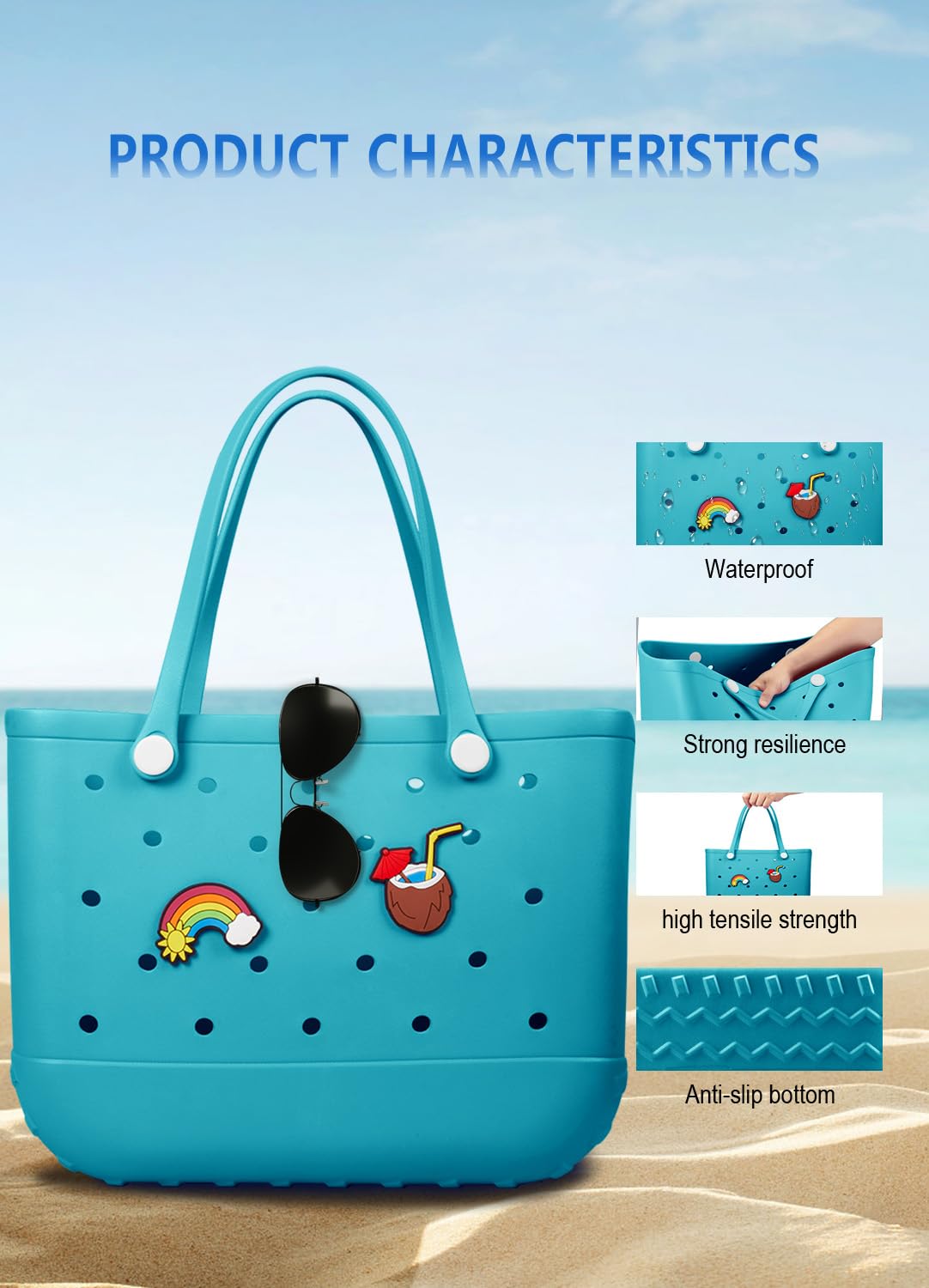 EVA Beach Tote Bag for Swimming, Pool & Travel – Waterproof Washable Rubber Handbag with 2 Random Charms, Lightweight & Sand-Resistant (Blue) | Other Colors Available in Store - Image 5