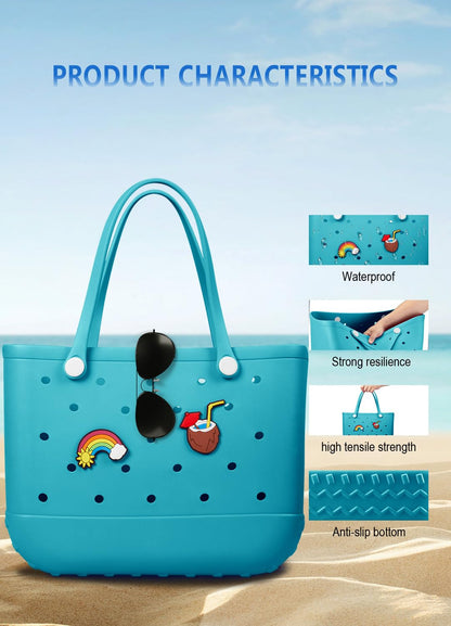 EVA Beach Tote Bag for Swimming, Pool & Travel – Waterproof Washable Rubber Handbag with 2 Random Charms, Lightweight & Sand-Resistant (Blue) | Other Colors Available in Store - Image 5