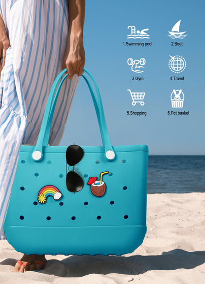 EVA Beach Tote Bag for Swimming, Pool & Travel – Waterproof Washable Rubber Handbag with 2 Random Charms, Lightweight & Sand-Resistant (Blue) | Other Colors Available in Store - Image 6