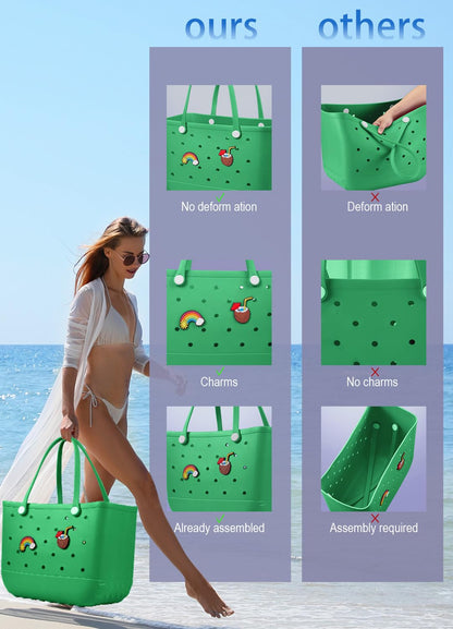 EVA Beach Tote Bag for Swimming, Pool & Travel – Waterproof Washable Rubber Handbag with 2 Random Charms, Lightweight & Sand-Resistant (Green) | Other Colors Available in Store - Image 3