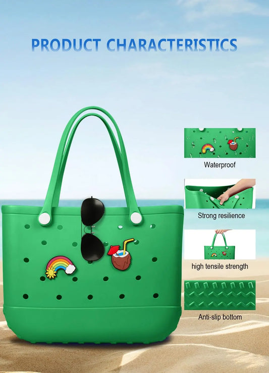 EVA Beach Tote Bag for Swimming, Pool & Travel – Waterproof Washable Rubber Handbag with 2 Random Charms, Lightweight & Sand-Resistant (Green) | Other Colors Available in Store - Image 5