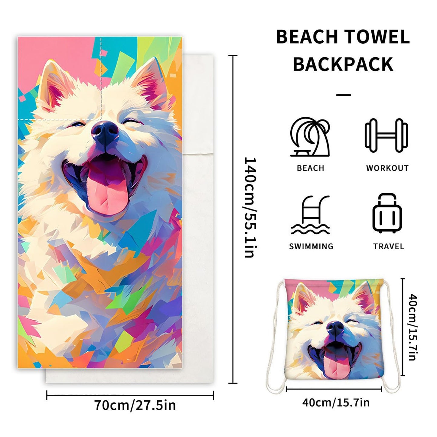Dual-Function Foldable Beach Towel with Built-in Backpack – Soft Microfiber Towel & Compact Carry Bag in One, 55-Inch Large Size for Swimming, Travel, Picnic (Dog,Colorful)  - Image 2