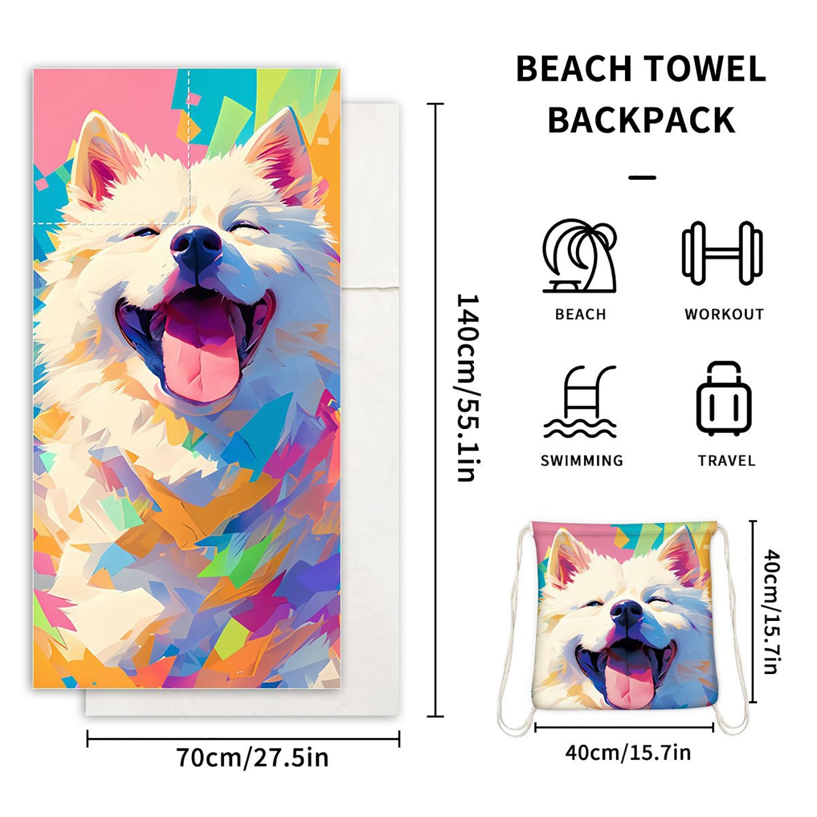 Dual-Function Foldable Beach Towel with Built-in Backpack – Soft Microfiber Towel & Compact Carry Bag in One, 55-Inch Large Size for Swimming, Travel, Picnic (Dog,Colorful)  - Image 2