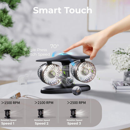 Dual Turbine Desk Fan with Aircraft Design – Wireless, Quiet, 3-Speed Touch Control for Home, Office, Bedroom, Portable Cooling (Black) - Image 5