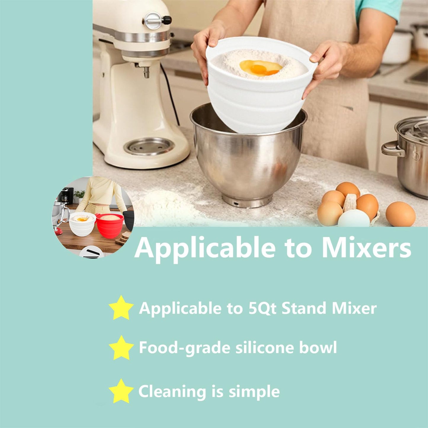 Silicone Bowl Liner for 4.5–5-Quart Stand Mixer – Food-Grade, Collapsible, Non-Stick Replacement Inner Bowl with Lid, Dishwasher Safe, Oven & Fridge Ready (Red) - Image 5