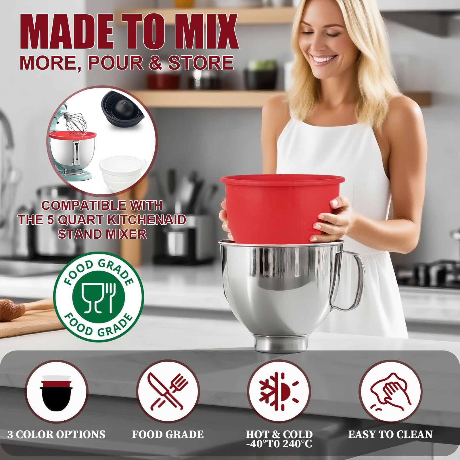Silicone Bowl Liner for 4.5–5-Quart Stand Mixer – Food-Grade, Collapsible, Non-Stick Replacement Inner Bowl with Lid, Dishwasher Safe, Oven & Fridge Ready (Red) - Image 6