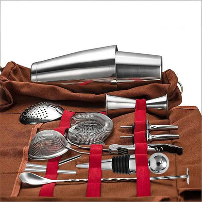 Professional 17-Piece Stainless Steel Cocktail Shaker Set with Canvas Carry Case – Complete Bar Tools Kit for Home, Travel, Parties – Includes Jigger, Strainer, Muddler, Spoon, Bottle Stopper (Brown) - Image 2